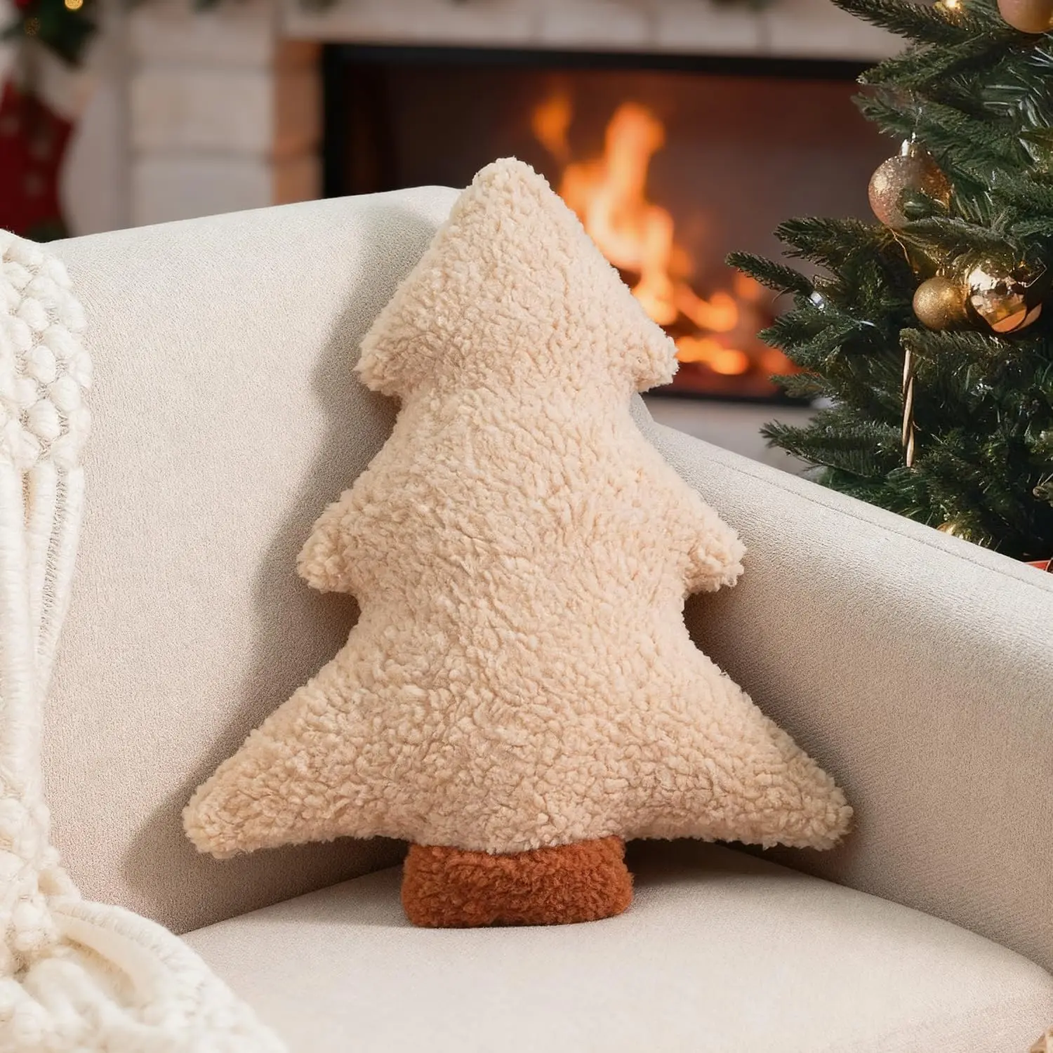 Christmas Pillows, Decorative Christmas Tree Pillow Stuffed Tree Shaped Plush Pillow for Holiday Party Sofa Living Room Decoration (15.5" x 14.5", Beige)