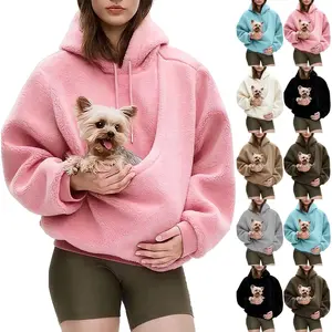 Women Oversized Fleece Hoodie With Pet Pouch Kangaroo Pocket Pullover Cat Dog Puppy Holder Carrier Sweatshirt Casual Loungewear Daily Pet Owner Tops