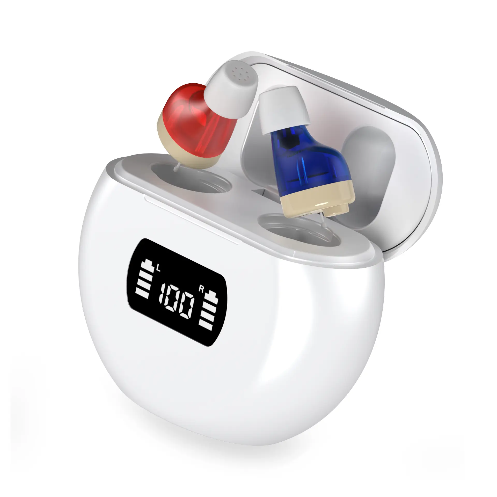 A pair of elderly people use rechargeable hearing aids, adult in-ear noise-reducing hearing aids, digital hearing amplifiers, suitable for hearing loss, 18 milliampere-hour invisible hearing device, with a charging case attached.