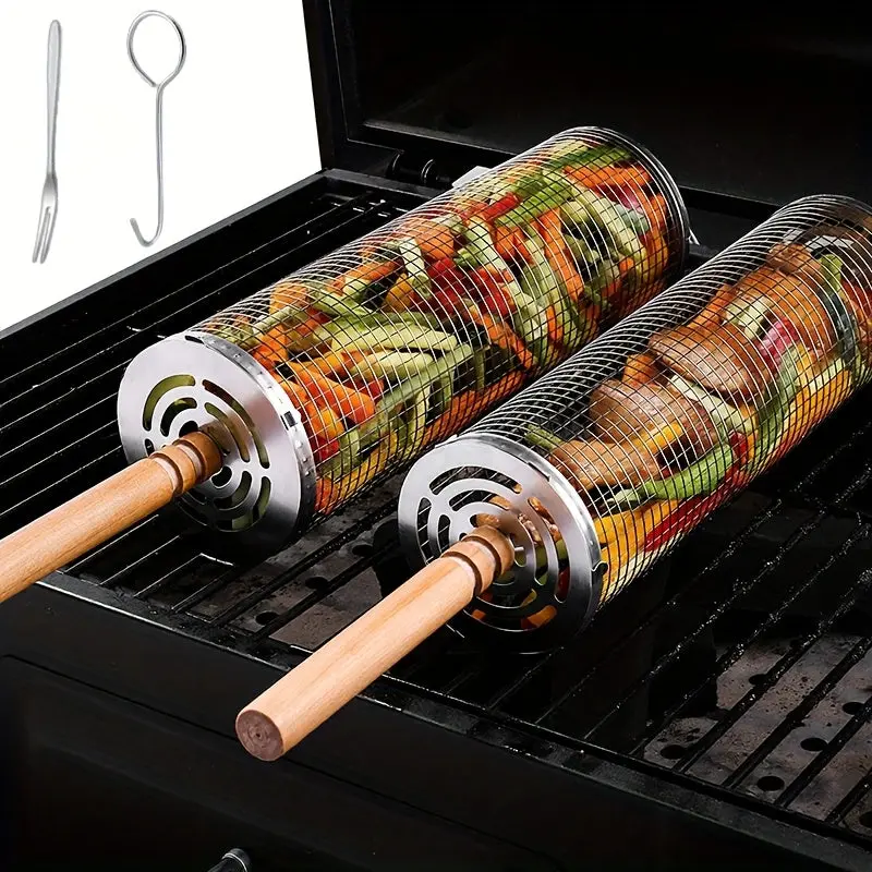 3pcs Set (Grill Rack with Handle X 1 And Hook X 1 And Cleaning Fork X 1), BBQ Cage, Made of 304 Stainless Steel, Anti-Scald Design, Portable Outdoor Barbecue Essentials, Camping Barbecue Additions