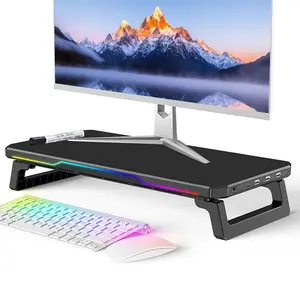 RGB Monitor Stand with USB Hub, Desk Organizer Riser for 27” PC & iMac, Monitor & Keyboard Stand, USB-C and USB 3.0 Ports, LED RGB Light Desktop Storage Shelf, Computer Screen Riser for Home Office Desk Setup
