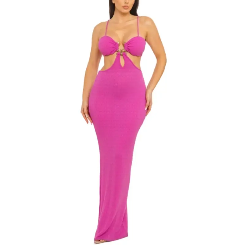 Martina Dress - Jacquard Texture Solid Front Cut Out U-Ring Detail Bra Pad Open Back Adjustable Spaghetti Strap Maxi Dress Fabric Contents: 77% Polyester, 20% Rayon, 3% Spandex