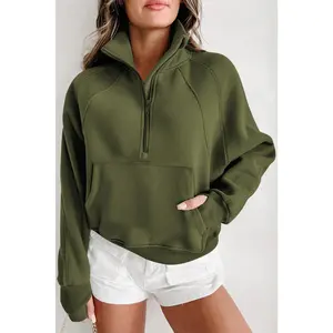 Green Zip Up Stand Collar Ribbed Thumbhole Sleeve Sweatshirt