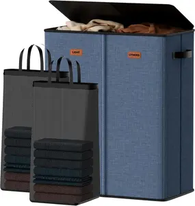 150L Double Laundry Hamper With Lid, Large Clothes Hampers with Removable Bag, Laundry Hamper 2 Section for Bathroom, Bedroom, Laundry Room, Dorm, Navy Blue