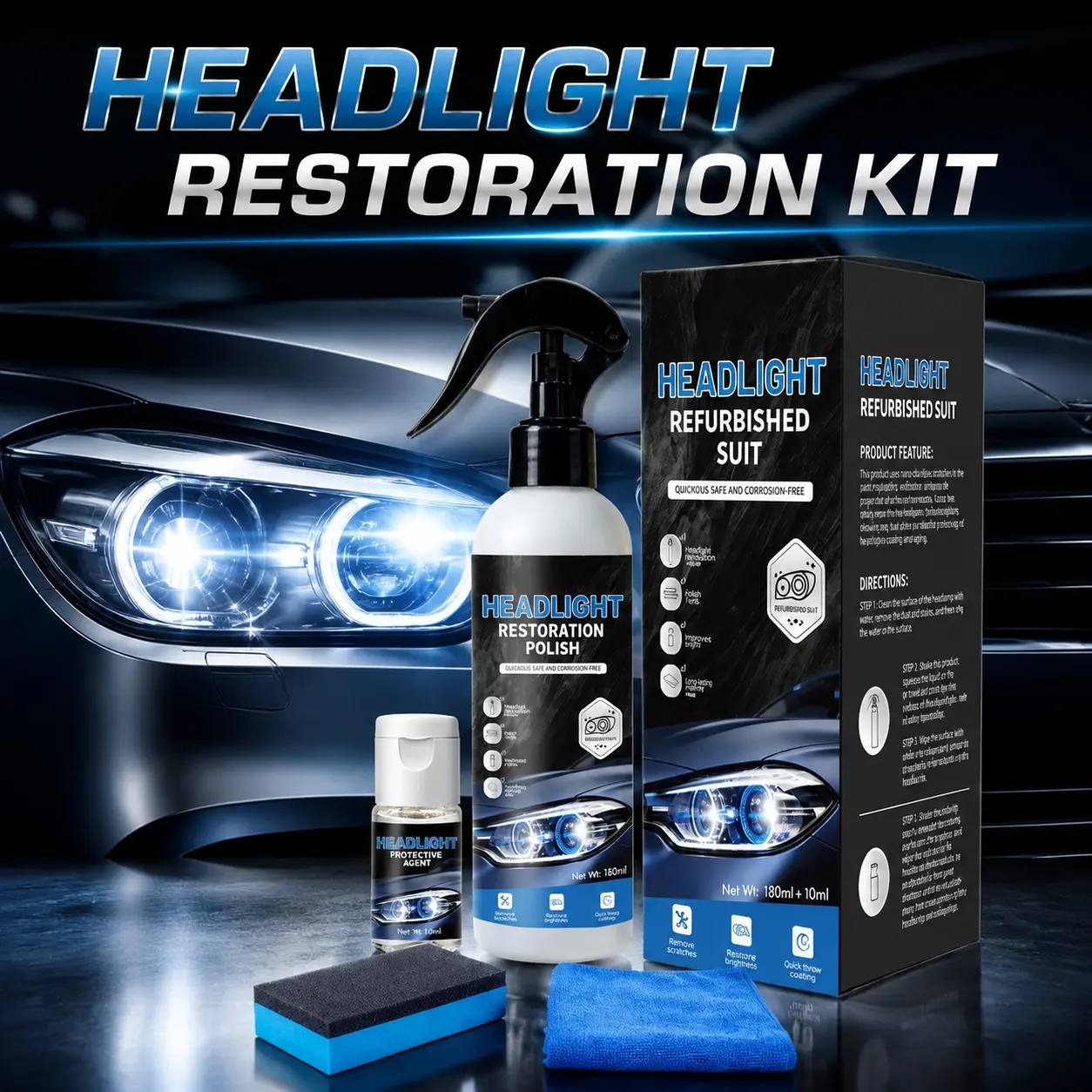 DIY Car Headlight Lens Repair Restoration Kit, Yellowed Cloudy Headlight Cleaner Polish, Brightening Auto Detailing Tool with Long-Lasting Protective Coating