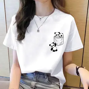 Women Short Sleeve Top Summer New Pocket Panda Cartoon Printed T-shirt Korean Fashion Women Tops Loose Round Neck T Shirt Women Casual Crewneck