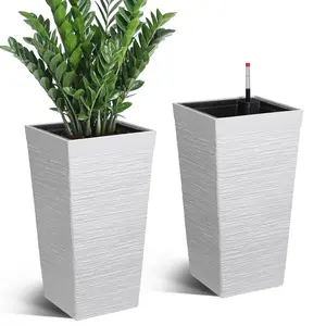 22.5" Self Watering Tall Planters, Set of 2 - White Outdoor Indoor Porch Pots with Water Level Monitor & Drainage