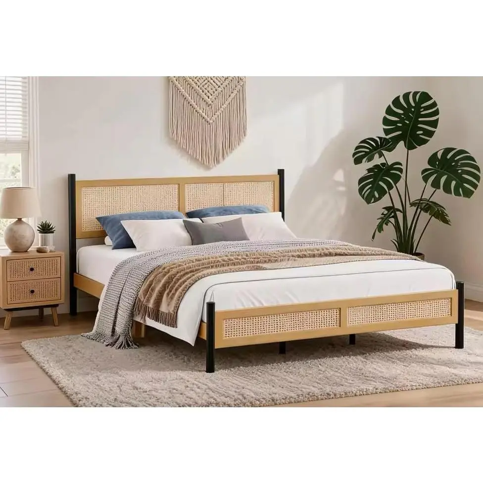 Rattan King Bed Frame with Headboard in Boho Metal Platform, Multi-Layer Storage Layout with Hidden and Open Storage