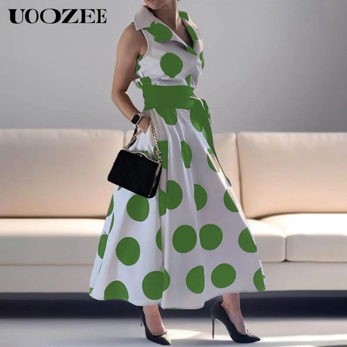white christmas dresses UOOZEE Women's Minimalist Solid Color Belted Lapel Shirts Dress Long  Sleeves Split-Joint High Waisted Casual Office Maxi Dresses main image 1