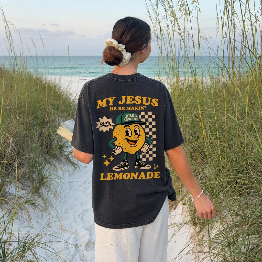 Women's Vintage Cotton Oversized Boxy T-Shirt - Funny "My Jesus He Be Makin Lemonade" Graphic, Heavyweight Fabric, Relaxed Fit, Everyday Wear, Black/Blue Tops, Print