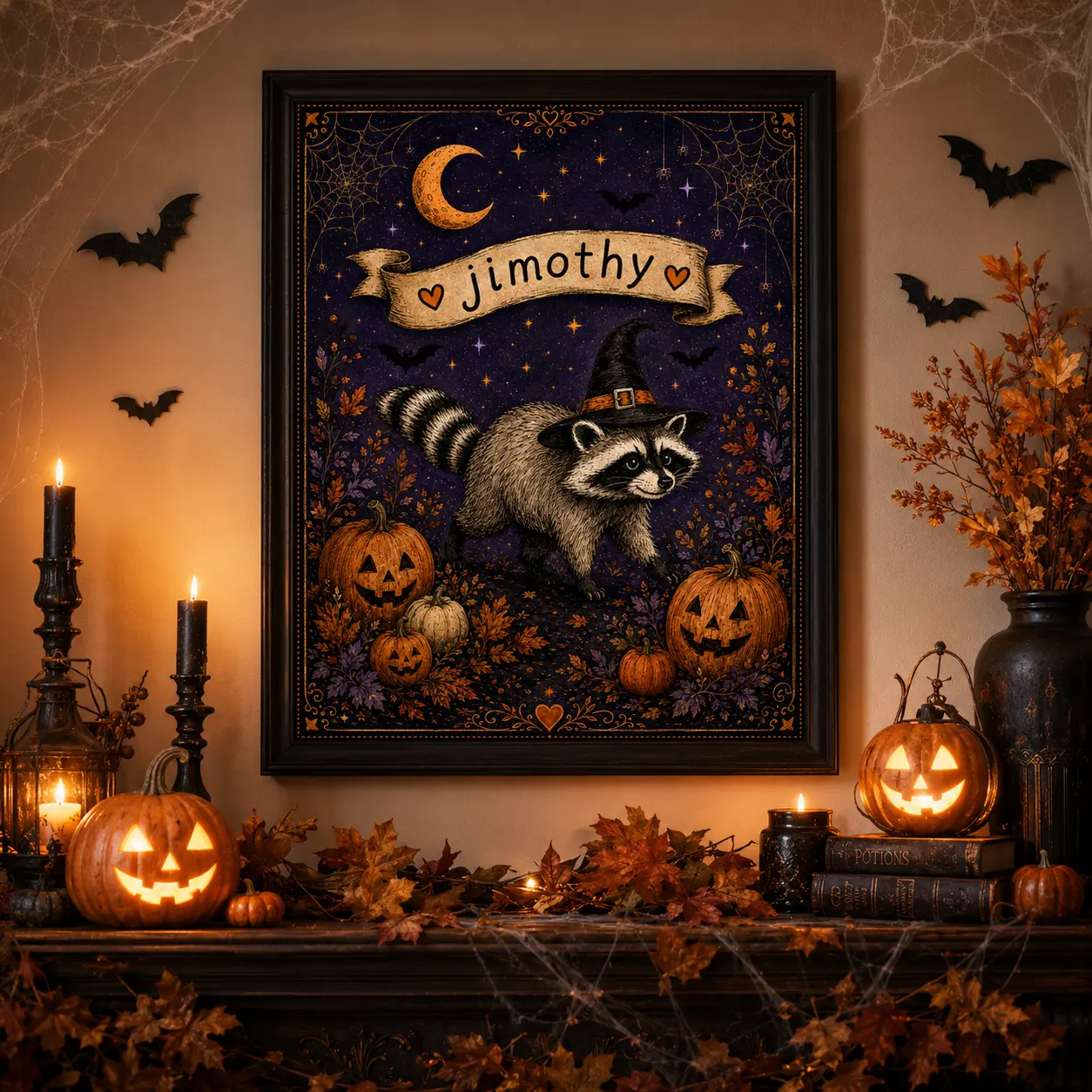 Cute Raccoon Witch Halloween Poster, Spooky Purple Autumn Wall Art, Vintage Pumpkin Bat Animal Illustration, Cottagecore Bedroom Living Room Print, Raccoon Lover Gift