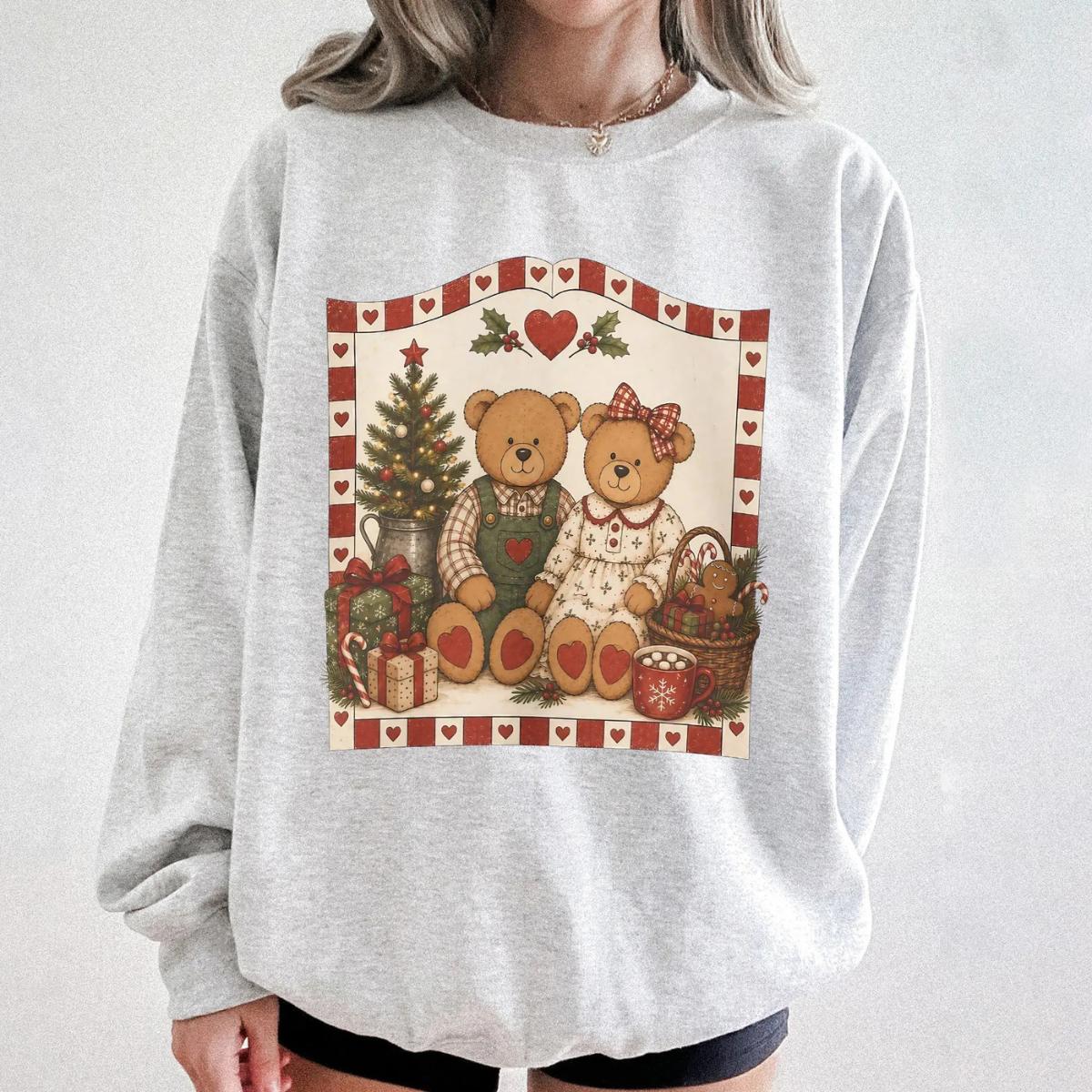 Christmas Teddy Bear Couple Sweatshirt, Cute Retro Bear Graphic Crewneck, Cozy Winter Holiday Pullover, Festive Christmas Gift for Women and Men