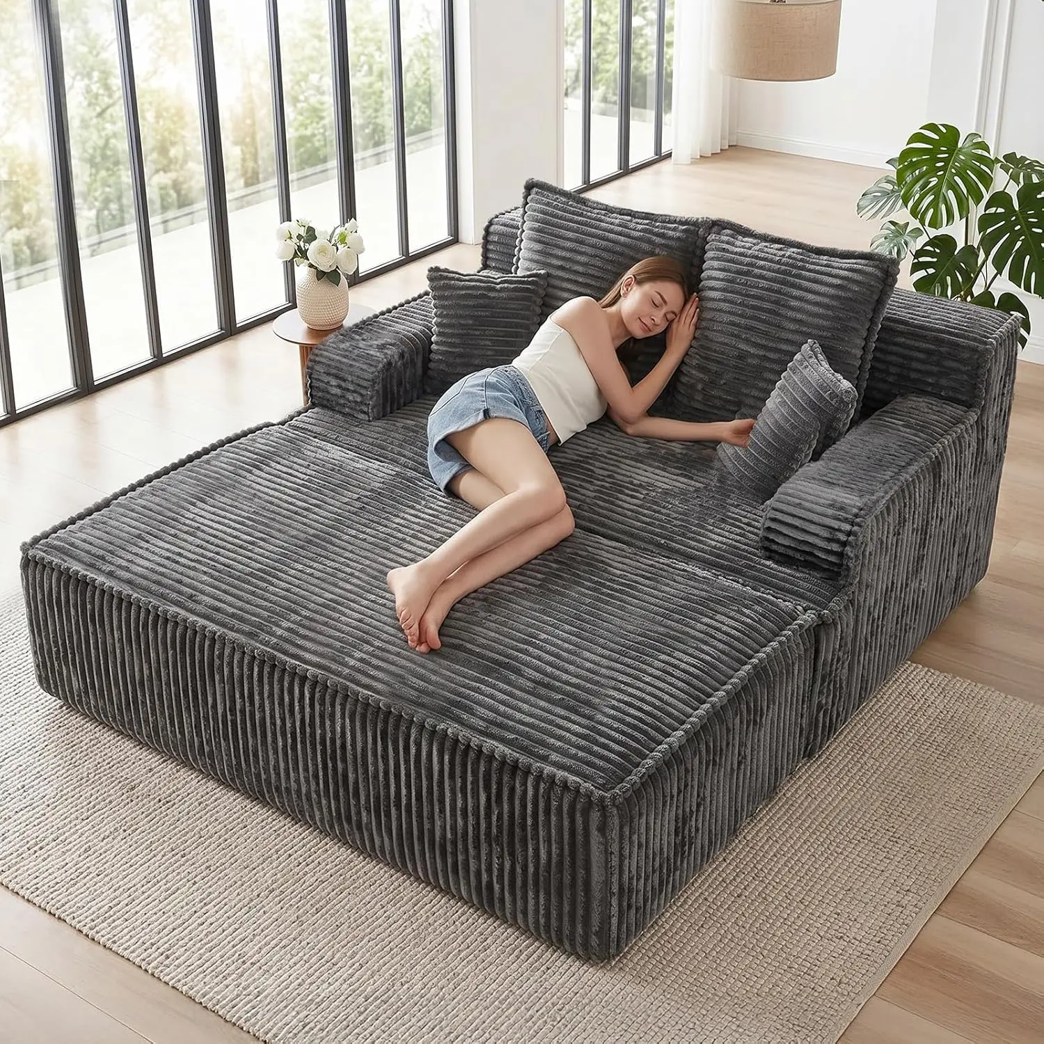 WINZOO Boneless Chaise Lounge with Ottoman - Adjustable Seat Corduroy Small Couch, Polyurethane Foam Ergonomic Support Single Sleeper Reading Furniture, Classic Napping Chair for Bedroom Renters Adults, Minimalist Decluttering