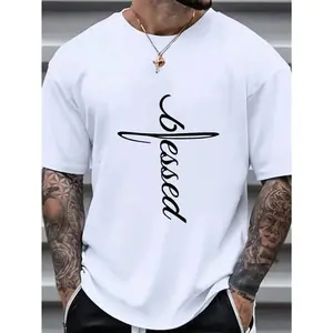 1 piece, men’s fashion T-shirt, men’s cross "blessing" letter graphic print T-shirt, summer fashion short-sleeve T-shirt top large and tall
