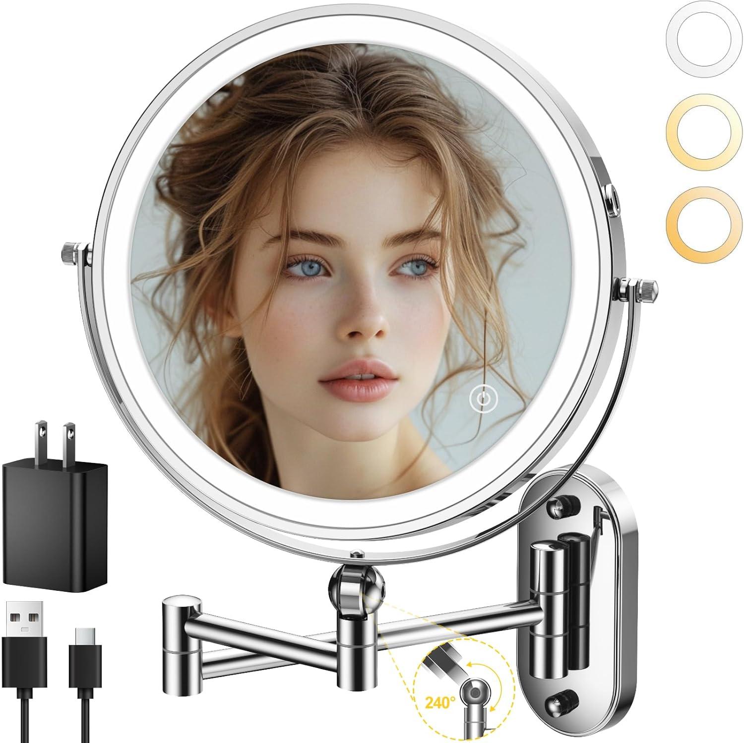 9" Wall Mounted Lighted Makeup Mirror,4000mAh Rechargeable Double Sided 1X/10X Magnifying Mirror with Light,3 Color Lights,Touch Dimmable,Extended Arm 360 Rotation Wall Mounted Makeup Mirror 9" Wall Mounted Lighted Makeup Mirror,4000mAh Rechargeable Double Sided 1X/10X Magnifying Mirror with Light,3 Color Lights,Touch Dimmable,Extended Arm 360 Rotation Wall Mounted Makeup Mirror