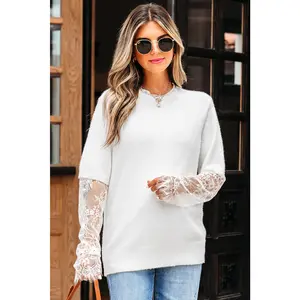 Beige Lace Sleeve Patchwork Faux Two-piece Fuzzy Sweater