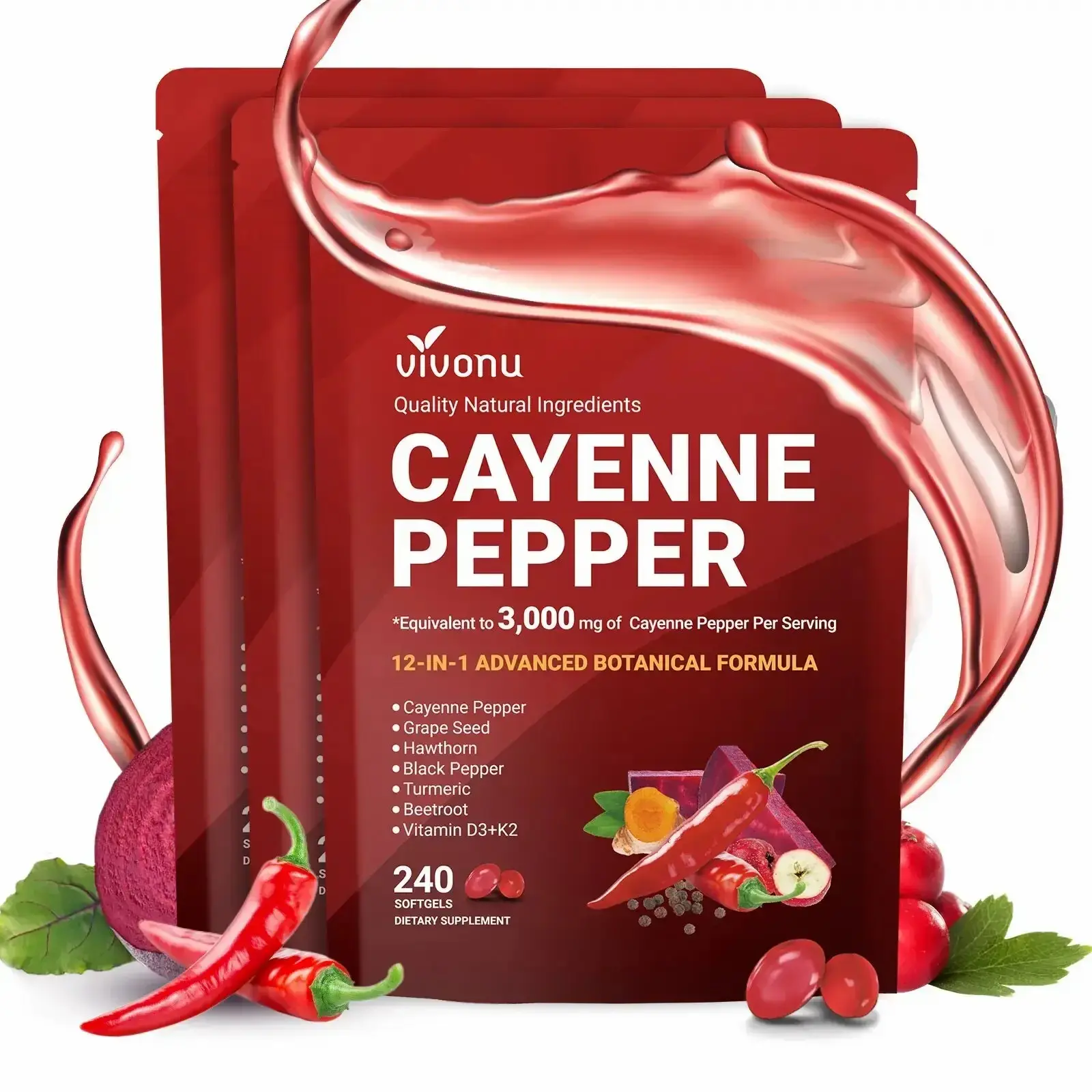 Cayenne Pepper Softgels | with Vitamin E, D3, K2, Grape Seed, Hawthorn & Beetroot Extract | 240 Softgels Per Bag