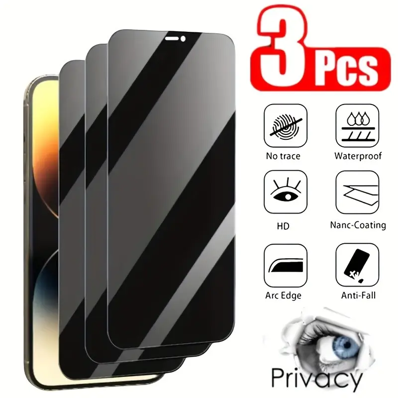 3pcs Anti-Spy Screen Protector, Mobile phone accessories, Tempered Glass For iPhone 17/Pro Max/Pro, 16/15/14 Pro/Pro Max/Plus, 13/12 Mini, 11/XR/X/XS MAX, Anti-Peeping, Scratch, Fingerprint & Oil Resistant, Compatible with Dynamic Islands