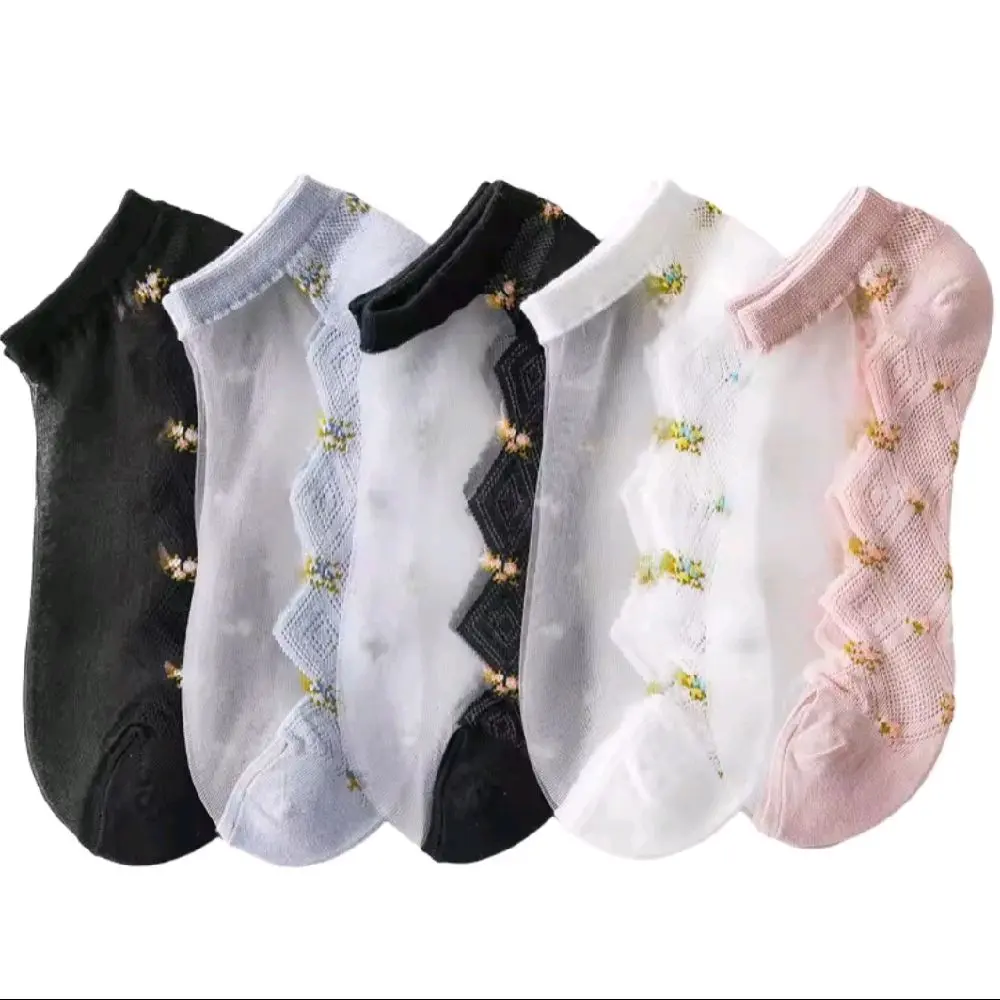 Women's Bridal Ankle Socks, 5-Pair Breathable Transparent Floral Lace Summer Socks