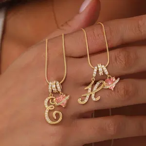 Tewiky Letter Pendant Gold Necklace for Women SummerVibes Initials A-Z Adjustable Length Necklace Pink heart-shaped zirconia Jewelry Gift for Teen Girls&Mother