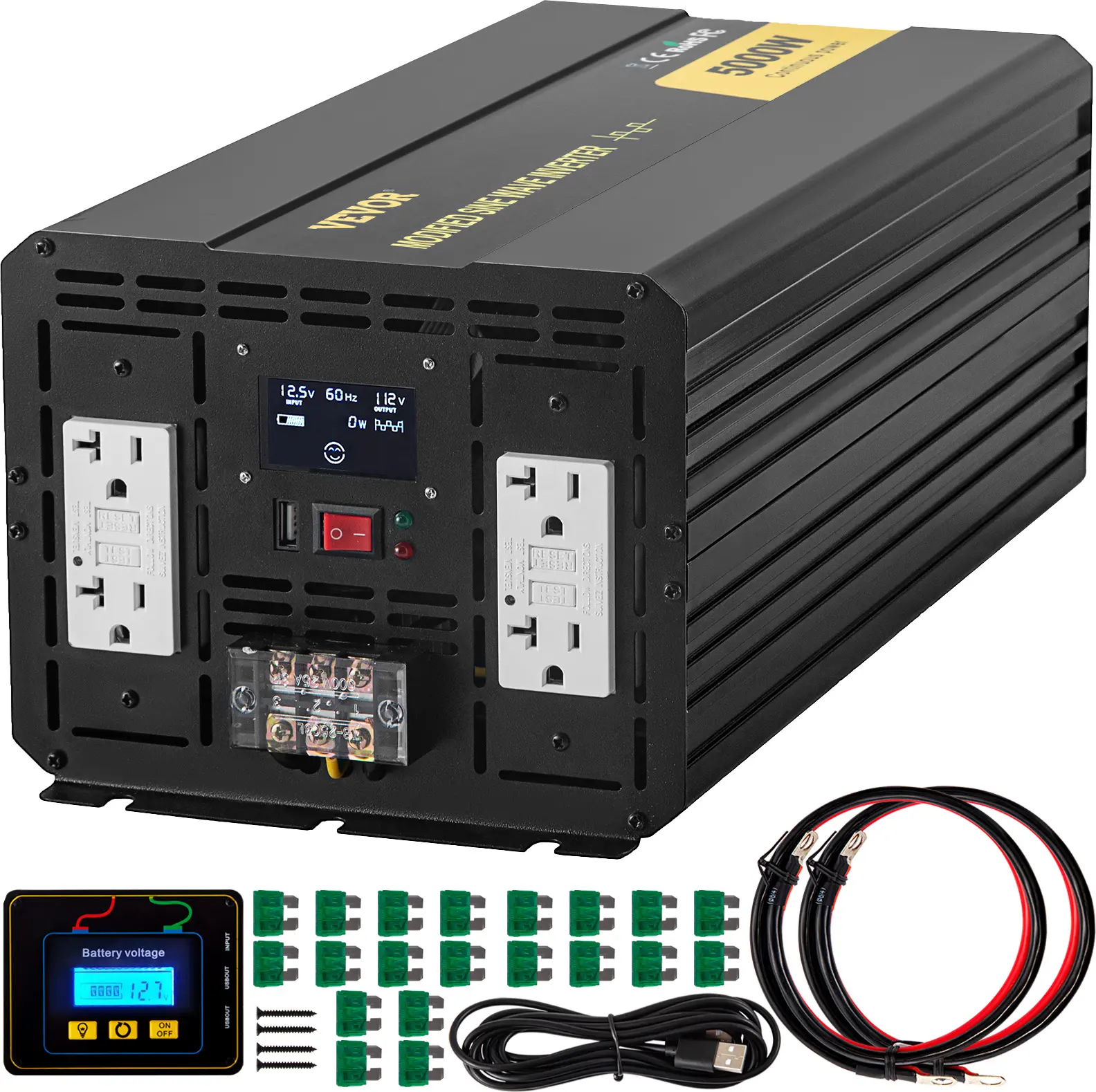 【summerfinds】VEVOR 5000W Modified Wave Power Inverter, 12V DC to 110V AC Vehicle Adapter with LCD Display, Remote Control, LED Light, GFCI Sockets, Plastic Build for RVs, Hurricanes, Storms