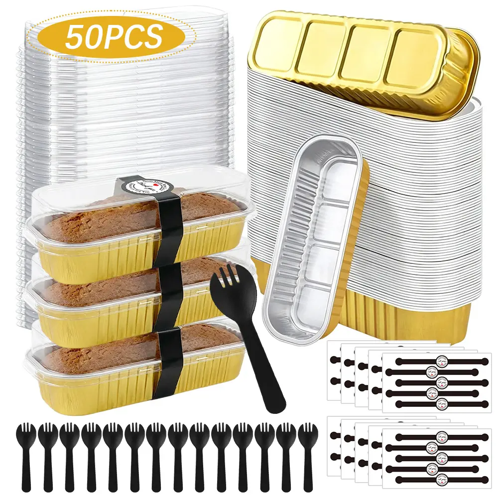 50Pcs Thick Rectangular Aluminum Foil Mini Loaf Baking Pans with Transparent Lids and Spoons (6.8oz) - Charcoal Plastic-Free Home Improvement Containers for Cupcakes, Cheesecake, Creme Brulee