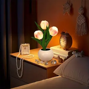 Tulip Table Lamp, Rechargeable Cordless  Artificial Tulip Flower Desk Lamp, LED Flower Bedside Night Light Romantic  for Girl Women Mom (Pink) Love You Gift