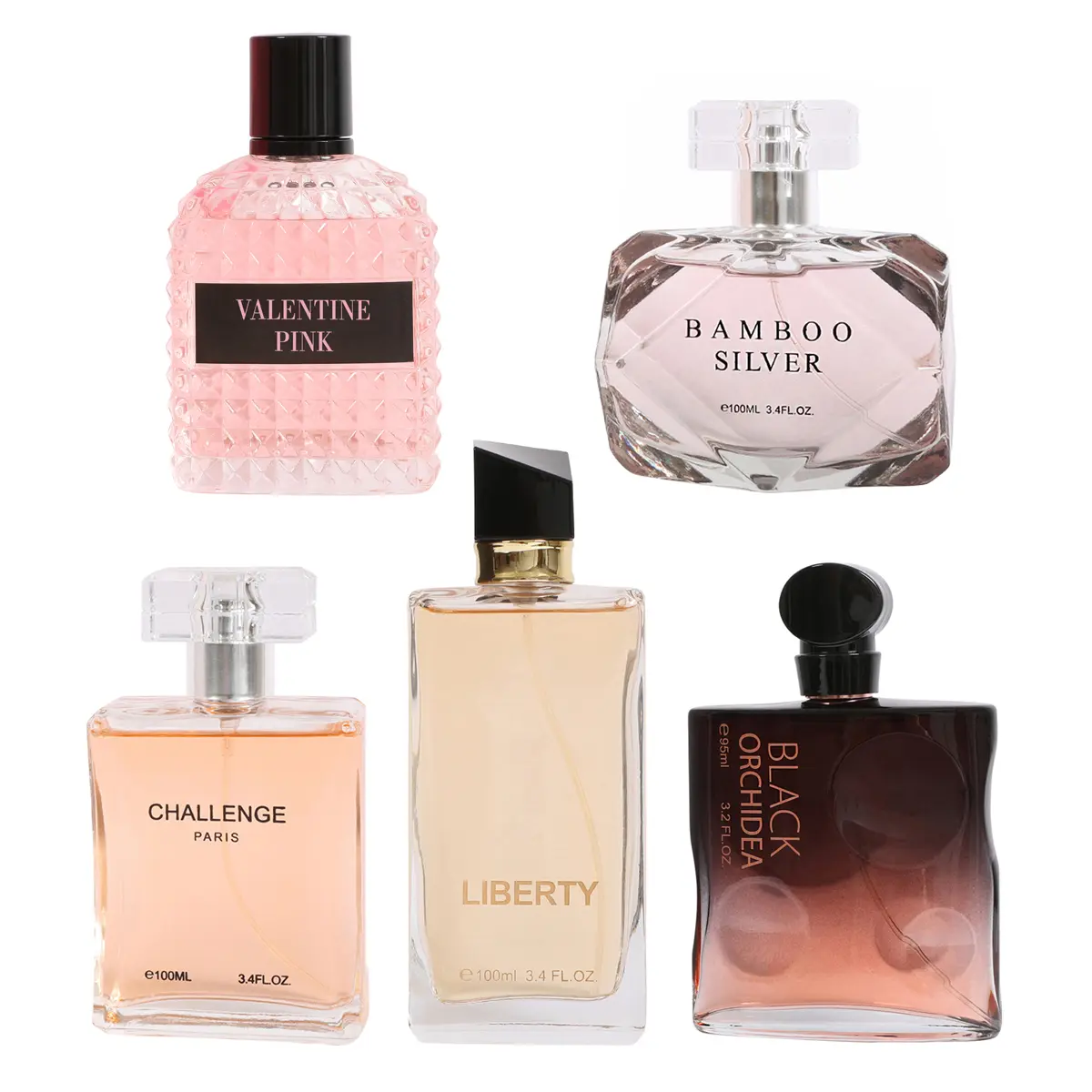 Bundle of Perfume for Women, Valentine Pink, Bamboo Silver, Excellent Madam, Liberty and Black Orchidea Eau De Parfum Vaporisateur Spray 100ml 3.4fl.oz.