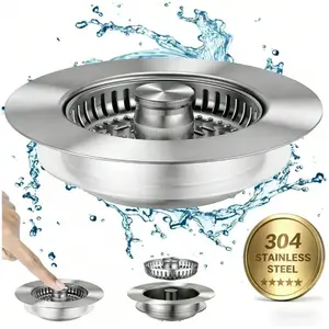 3-in-1 Kitchen Sink Strainer, Stainless Steel Drain Plug, Anti-Odor Anti-Clog Basket Filter for US Standard 3-1/2 Inch Drains
