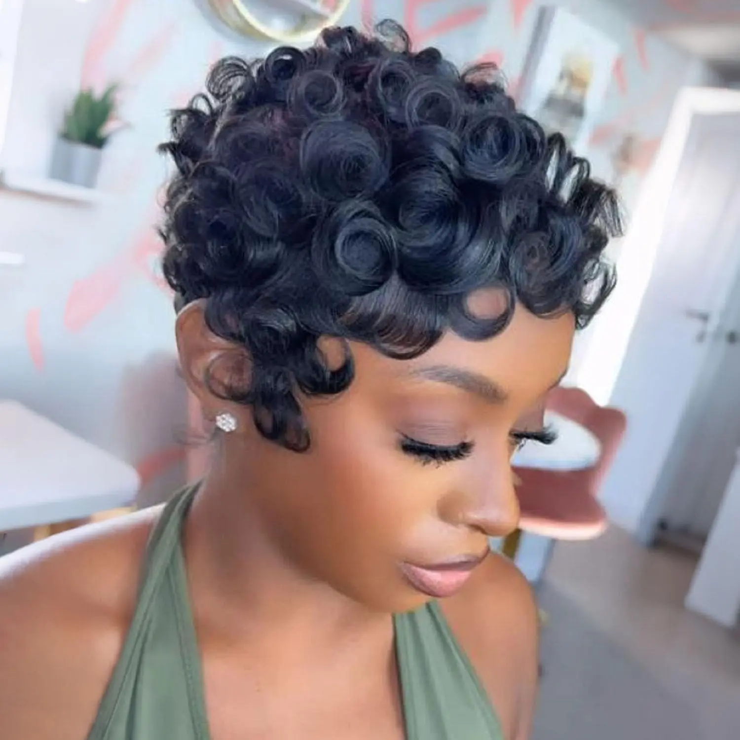 CX025 Elegent Pixixe Cut Curly Wigs for Women Short Layered Natural Color Summer No Glue Curly Human Hair Wigs With Bangs, Wigs Human Hair