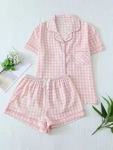Women's Gingham Print Plaid Short Sleeve Pajama, Casual Comfy Button Up Top & Shorts PJ Set, Ladies Sleepwear for Summer, Loungewear Pyjamas