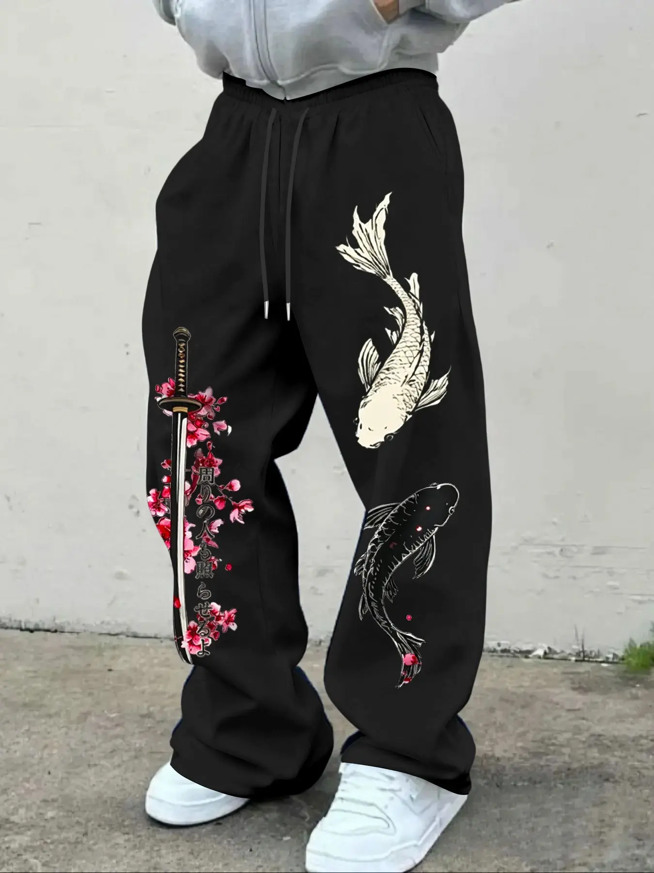 Men's Japanese Style Samurai Koi Floral Cherry Blossom Loose Wide Leg Baggy Pants, Drawstring Sportswear, American Streetwear Fashion, All Seasons