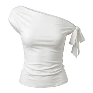 Women's Asymmetrical Off-Shoulder Top - Tie Knot Sleeve Ruched Blouse - Elegant Slim Fit One-Shoulder Shirt