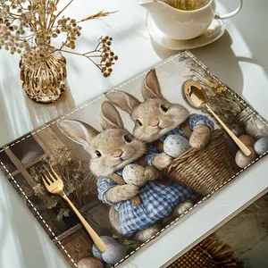 Colorful Floral Easter Egg Bunny Printed Placemat Insulated for Home Decoration Holiday Dining Kitchen Party Spring Machine Washable Polyester Fiber Coasters Tableware
