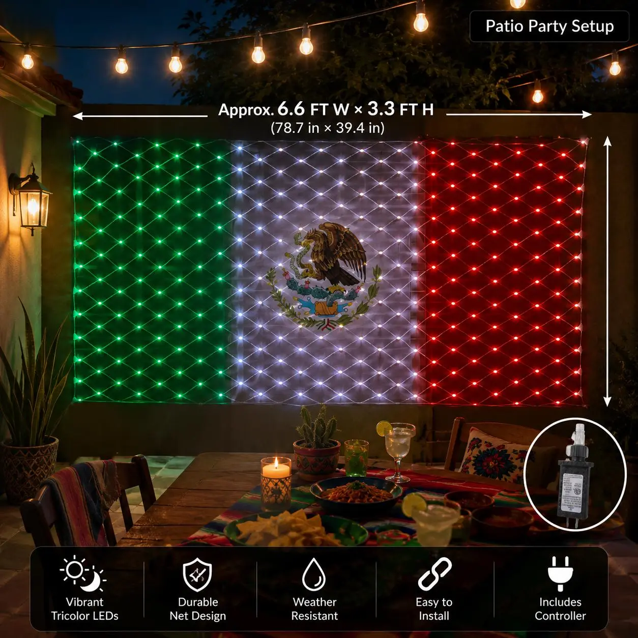 Mexican Tricolor LED Net Light (with Eagle Emblem), 6.6 × 3.3 ft; features adjustable brightness and multiple lighting modes; suitable for indoor/outdoor wall surfaces and party decorations; includes controller with US-standard plug.