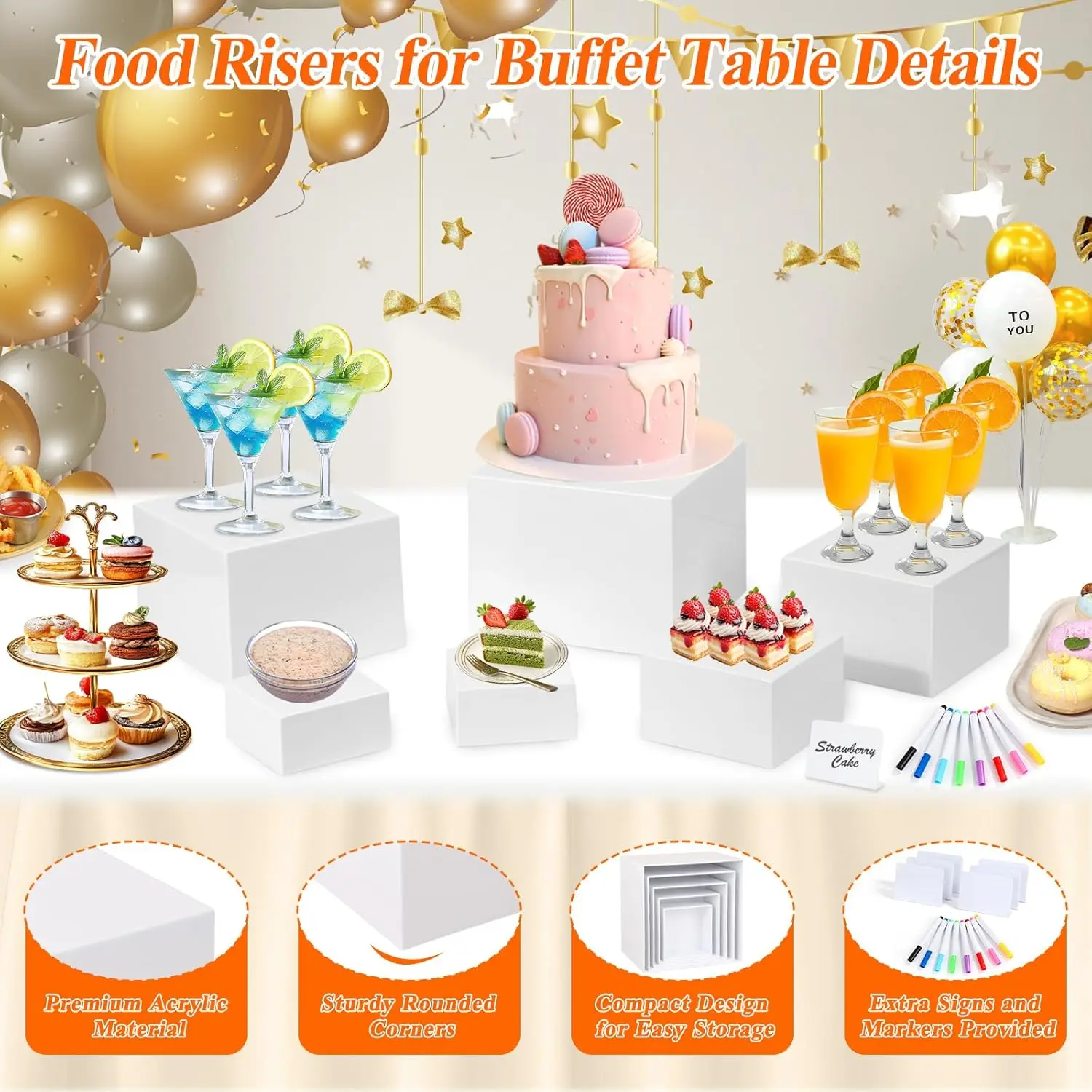 1Set Dessert Jewelry Food Display Stands 6 Pcs White Acrylic Buffet Risers with Mini Sign and Maker,for Buffet Table Party Catering,Nesting Cube Boxes with Hollow Bottoms