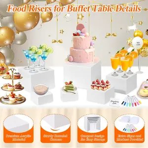 1Set Dessert Jewelry Food Display Stands 6 Pcs White Acrylic Buffet Risers with Mini Sign and Maker,for Buffet Table Party Catering,Nesting Cube Boxes with Hollow Bottoms summervibes