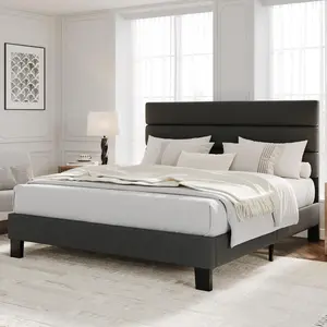Full Size Bed Frame with Adjustable Headboard, Linen Fabric Upholstered and Wooden Slats Support, No Box Spring Needed, Easy Assembly, Grey