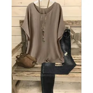 Women's Summer Loose-Fit Batwing Sleeve Pullover Top, Casual Woven Fabric Short Sleeve Shirt, Comfortable Commuter Wear, Casual Comfy Shirt