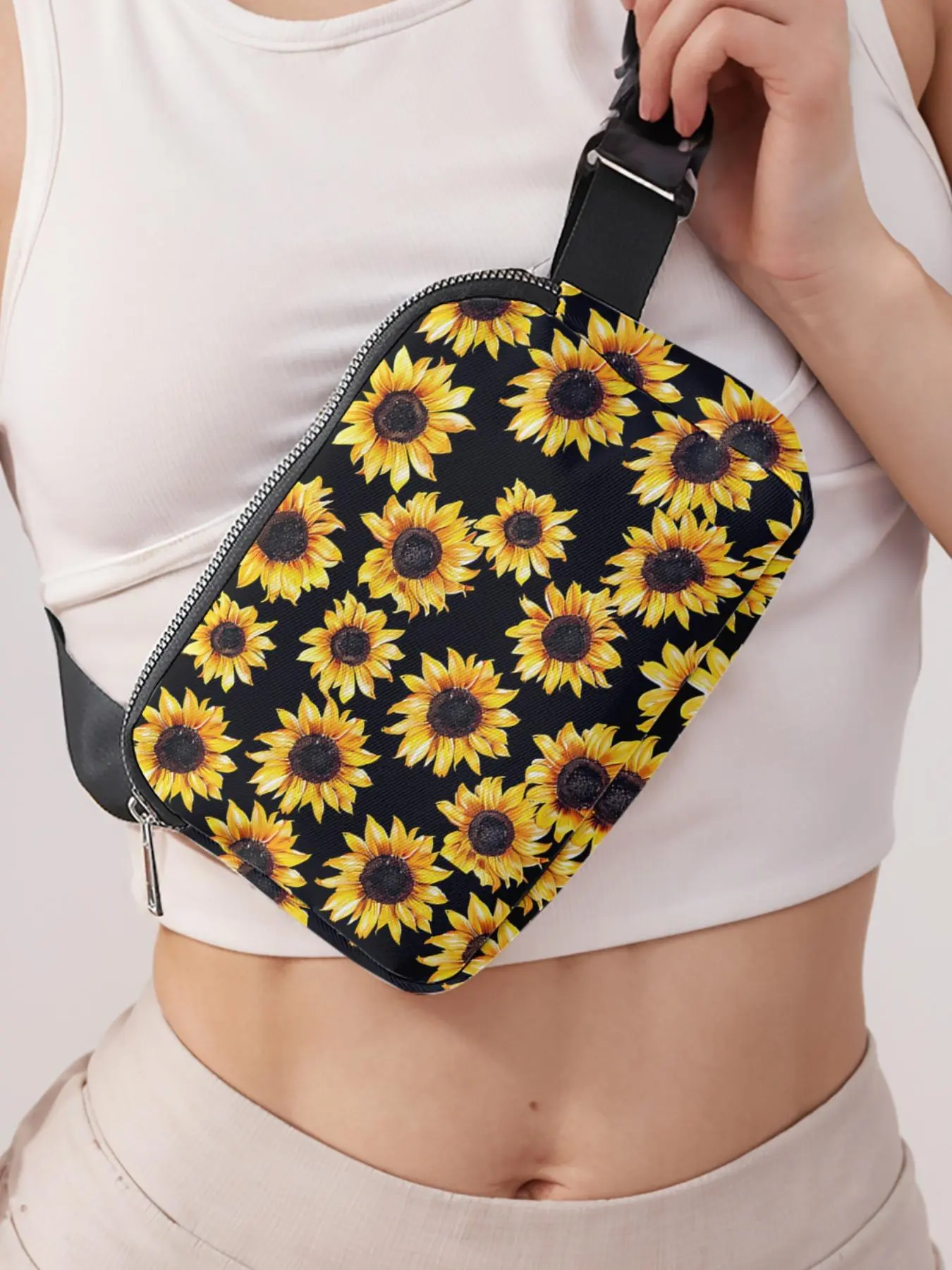 Fashionable Sunflower Pattern Sling Bag, Casual Versatile Zipper Chest Bag for Women, Trendy All-match Sling Bag for Daily Use, Casual Bum Bag, Zipper Fanny Pack, Casual Waist Bag, Fashion Waist Packs, Zipper Belt Bag, Bumbag, Beltbag