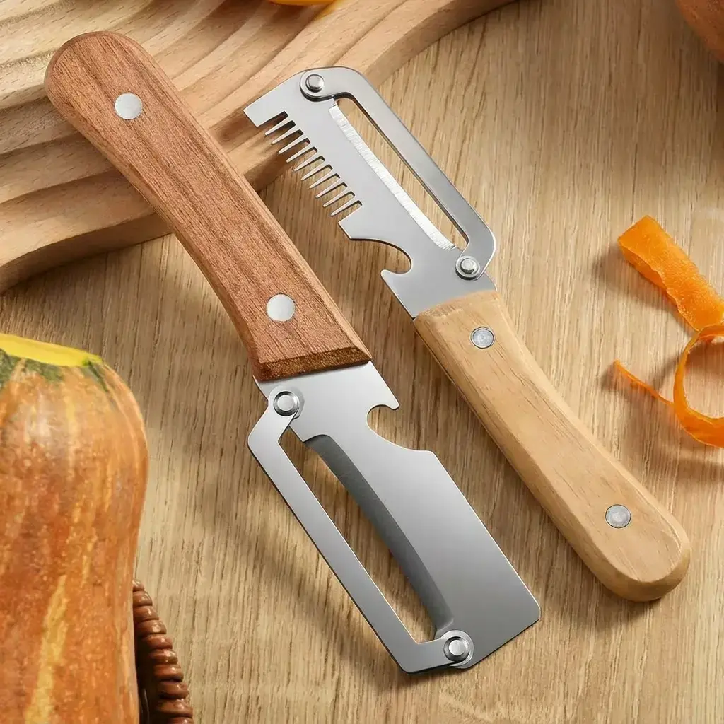 2 PCS Multi-Functional Kitchen Utensils Set - Smooth Ultra-Sharp Stainless Steel Blade Shredder, Wooden Handle Potato Peeler with Utility Bottle Opener for Faster Prep, Weeknight Dinners, Snack Boards, Quick Garnish Prep