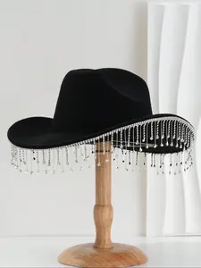 Unisex Western Cowboy Hat with Rhinestones and Fringe, Winter Fashion Accessory for Music Festivals and Parties