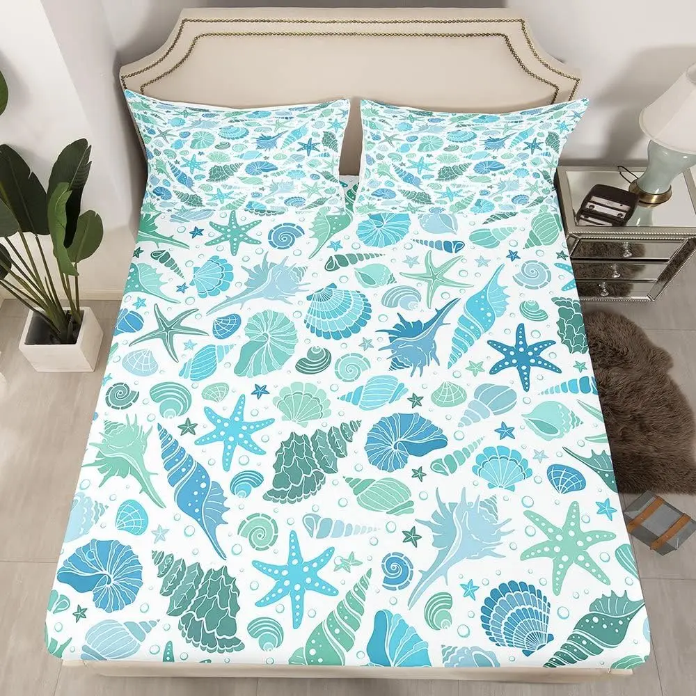 Feelyou Full Size Sea-Themed Bedding Set - Breathable Colorful Pattern Graphic Fitted Sheet, Green Conch Print Bedsheet, Ocean Marine Sea Creatures Decor Bedroom Linens, Colorful Fitted Sheets, Pattern Fitted Sheets
