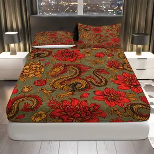 3Pcs Dragon Floral Exotic Fitted Sheet Three Piece Set (1*Fitted Sheet+2*Pillowcases, Coreless), Chinese New Year theme, Luxury Decorative Bedding Set, Mattress Protector Soft, Breathable