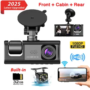 1080P Ultra HD 3-Channel Dash Cam for Cars Front & Inside & Rear Recording, Loop Recording, Night Vision, 2 Inch IPS Screen - Car DVR Black Box