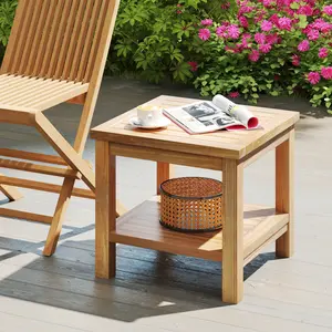 COSTWAY - Teak Wood Square Side Table with Open Shelf for Small Space