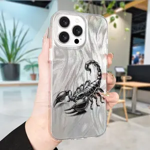 Scorpion silhouette printed trendy and unique ins-style protective case with simple and cute design, full protection with large holes and feather gauze IMD phone case, for iPhone 17//16/15/14/13/12/11 and other Apple models