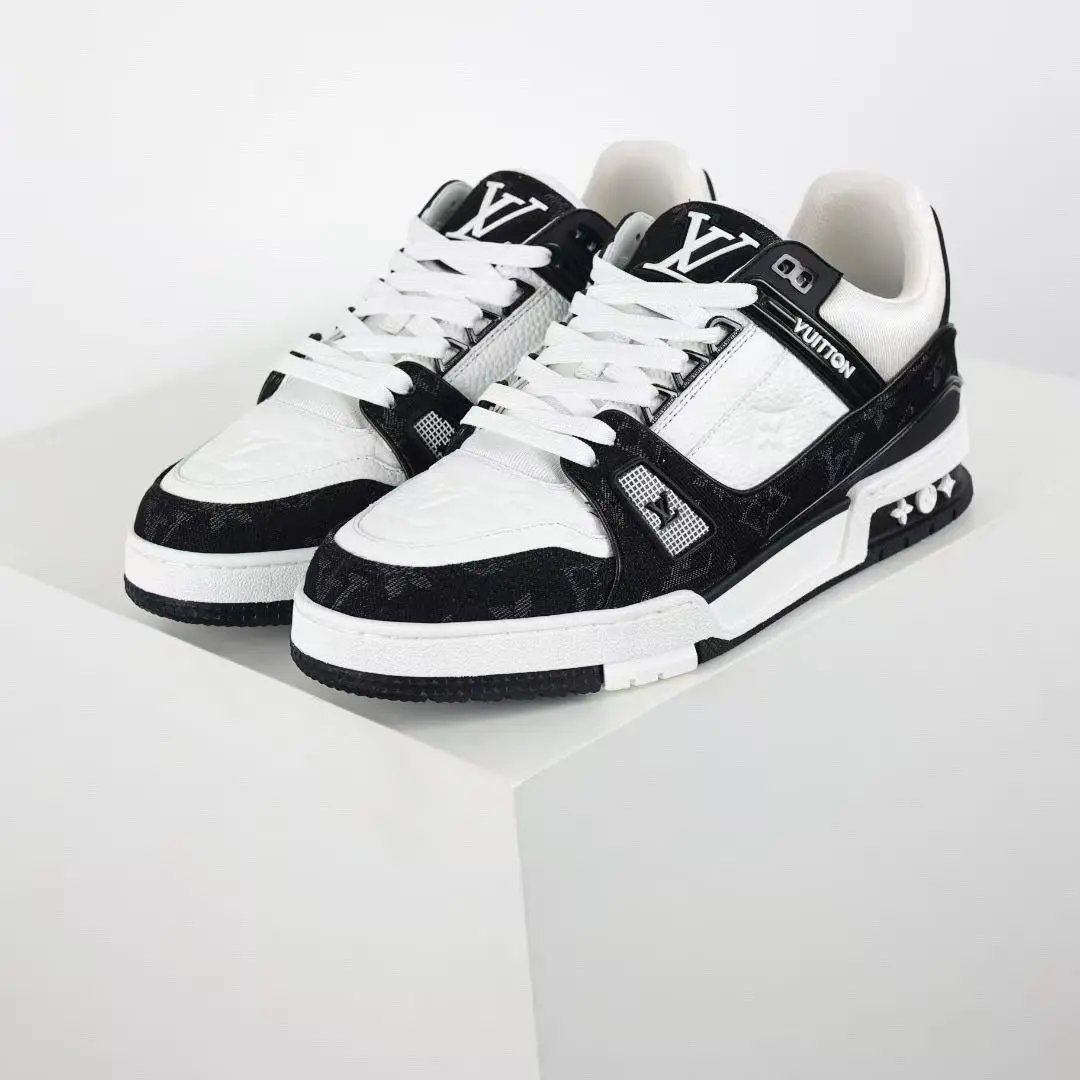 Louis Vuitton Men's Black & White Monogram Sneakers with White Laces and Logo Details