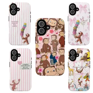 Cute Monkey Tough Phone Case|Pink Aesthetic Cartoon Design|Curious Georgee Protective Cover For iPhone 17 Pro Max 16 15 14 13 12 11 for Samsung S21 S22 S23 S24 S25 S26 Phone Case