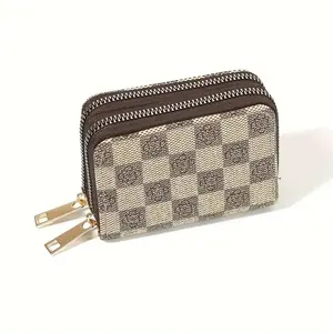 Vintage Chic Double Zipper Wallet in Cruelty-Free Vegan Leather, Preppy Checkered Style plain casual
